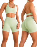 Women's Seamless Cross-Back Sports Bra & High-Waist Scrunch Shorts Set LW-003