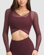 Women’s V-Neck Mesh Crop Workout Top LW-037